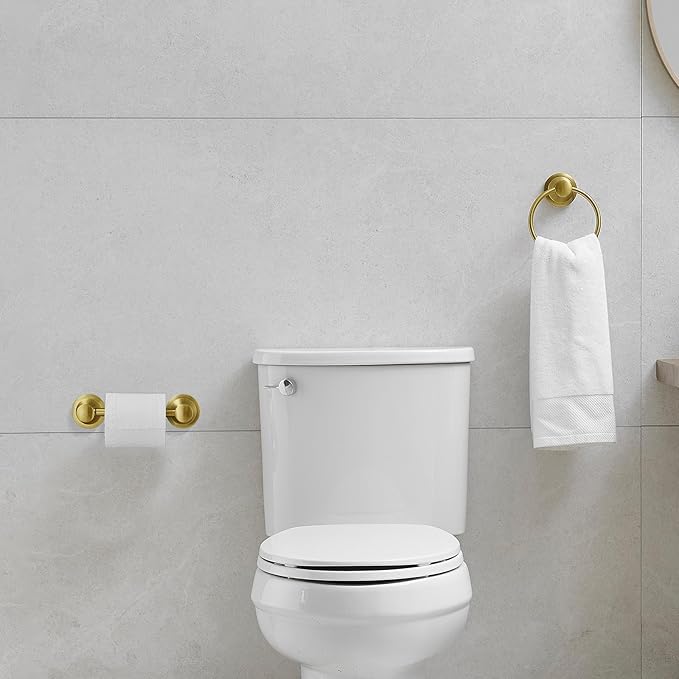 RUMOSE Toilet Paper Holder and Hand Towel Ring Brushed Gold Wall Mount Bathroom Hardware Accessories 2 PCS Set Flexible Pivoting Toilet Tissue Roll Holder and Towel Hanger, Stainless Steel