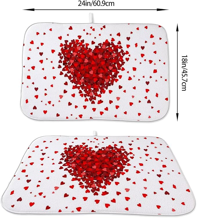 Valentines Day Dish Drying Mat 18 x 24 inch Red Hearts Decorative Drying Mats Microfiber Absorbent Love Heart Dish Washable Draining Mat for Kitchen Counter Decor