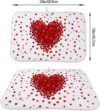 Valentines Day Dish Drying Mat 18 x 24 inch Red Hearts Decorative Drying Mats Microfiber Absorbent Love Heart Dish Washable Draining Mat for Kitchen Counter Decor