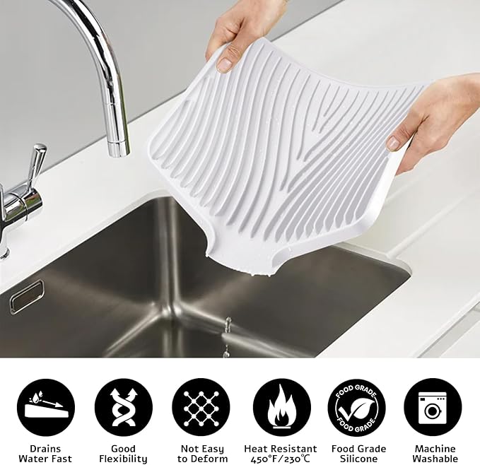 TIKNIK Silicone Dish Drying Mat, Stone Drying Mat for Kitchen Counter with Built-In Drain, Non-Slip Drain Pad with Built-in Drain, Heat Resistant Stone Drying Mat, Hangable, White-2pcs, 16" x 12" - Image 5