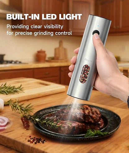 Electric Salt and Pepper Grinder Set with Charging Base, Rechargeable Salt and Pepper Mill with Adjustable Coarseness, LED Light, 110ml Large Capacity for Kitchen, Outdoors, Gifts for Women