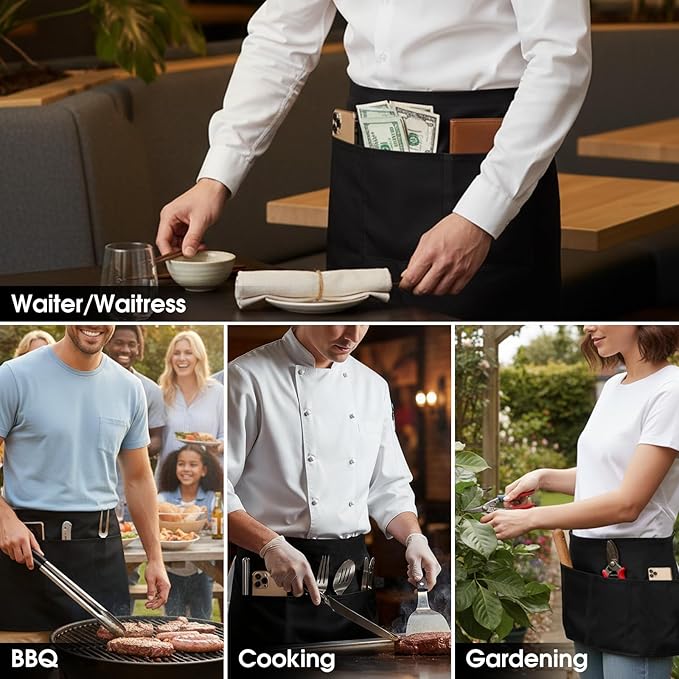 BOHARERS 3 Pockets Waitress Apron 12 Pack Cotton Server Apron Black Half Aprons for Men & Women Waterproof and Oil Proof