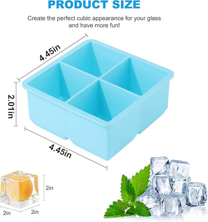 Large Silicone Ice Cube Tray 2Pack, Easy Release 2" Big Ice Cubes,Leak Proof Removable Lid Square Ice Cube Tray for Cocktail，Whiskey，Reusable Stackable Flexible Ice(Blue+Pink) (Blue) - Image 2