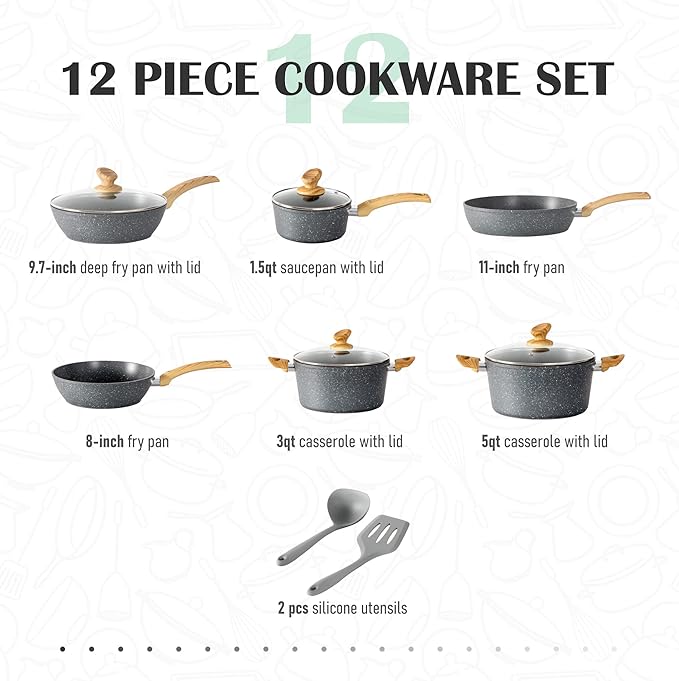 MAISON ARTS Pots and Pans Set Non Stick, 12 Piece Grey Granite Kitchen Cookware Induction Compatible, Pot and Pan Sets for Cooking Nonstick - Image 2