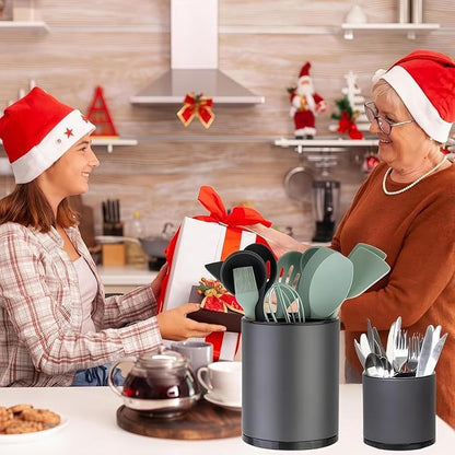 LIBODOUR Kitchen Utensil Holder Extra Large Rotating For Counter Organizer Stainless Steel Storage Cooking Silverware Caddy 3 Compartment Flatware Spoon Spatula Tool Cutlery Container（2 Set Grey） - Image 2