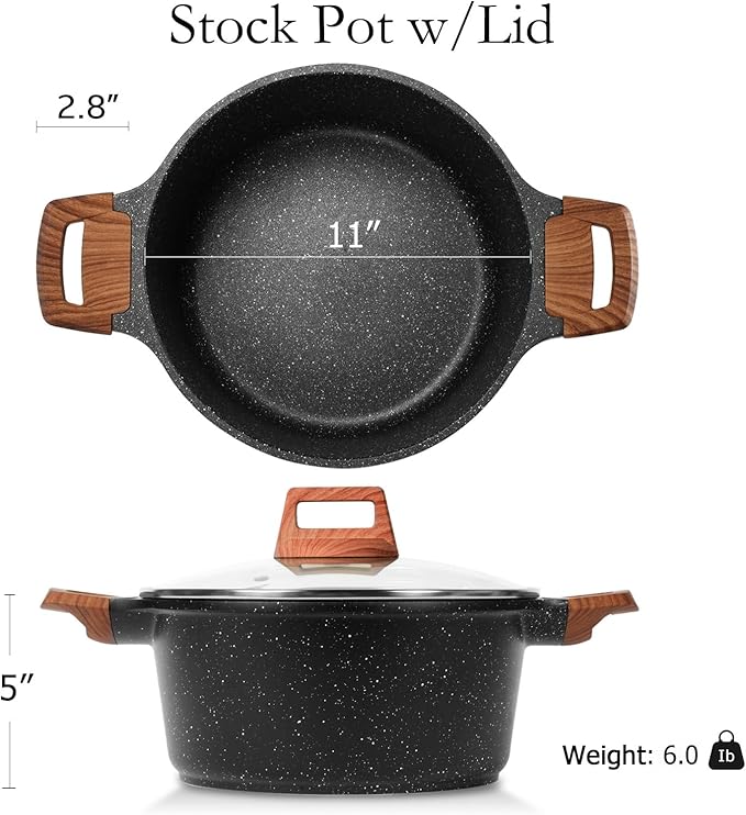 ESLITE LIFE Nonstick Stock Pot with Lid, 7 Quart Granite Casserole Large Soup Pot Pasta Cooking Pot, Induction Compatible, PTFE & PFOA Free, Black - Image 2
