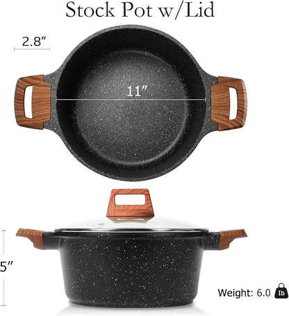 ESLITE LIFE Nonstick Stock Pot with Lid, 7 Quart Granite Casserole Large Soup Pot Pasta Cooking Pot, Induction Compatible, PTFE & PFOA Free, Black - Image 2