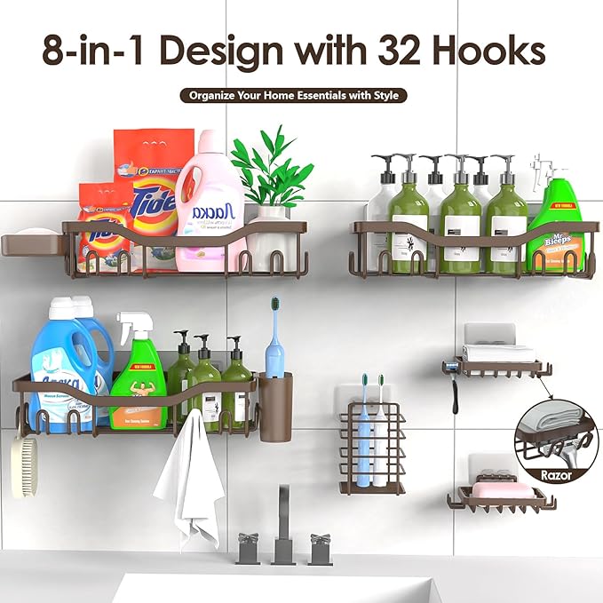 NESOMI Shower Caddy Adhesive Shower Organizer 8-Pack, Rustproof Stainless Steel Bathroom Shelves, Large Capacity No-Drill Rack Storage Accessories with Soap Dish Toothbrush Holder Hooks - Image 7