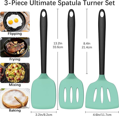 Coukre 3 Pack Silicone Spatula Set, High Heat Resistant, BPA-Free, Fish Spatula, Solid & Slotted Turner for Non-Stick Pans, Flipping Eggs, Pancakes, Fish, Burgers (3, AquaGreenBlack) - Image 2