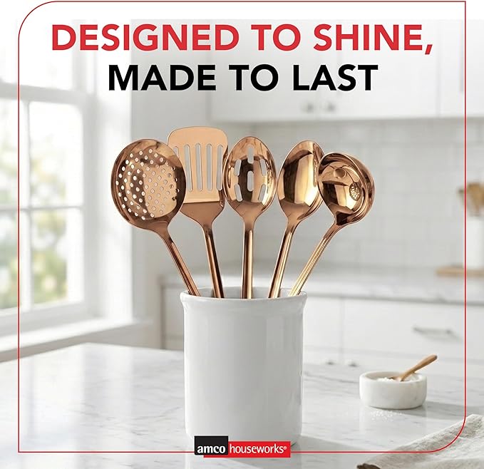 Amco 5-Piece Stainless Steel Cooking Utensil Set, Copper Finish - Includes Kitchen Ladle, Slotted Turner, Skimmer, Solid Spoons - 14" with Hanging Holes for Easy Storage, Durable Kitchen Gadgets - Image 8