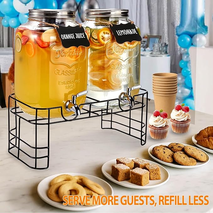 2 Gallon Large Glass Drink Dispenser Set, 2 Pack Beverage Dispensers with Stand & 18/8 Stainless Steel Spigot, Leakproof for Lemonade, Sun Tea & Iced Tea - Image 6