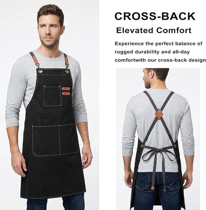 ZOMAO Chef Apron for Women Men with Large Pockets, Cotton Canvas Cross Back Waterproof Work Aprons for Kitchen Cooking Bib