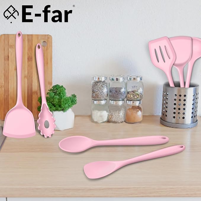E-far Pink Silicone Cooking Utensils Set, 10-Piece Kitchen Utensil Set for Nonstick Cookware, Silicone Kitchen Tools with Spatula Turner Spoon Tongs Whisk, Heat Resistant & Non-Toxic, Dishwasher Safe - Image 7
