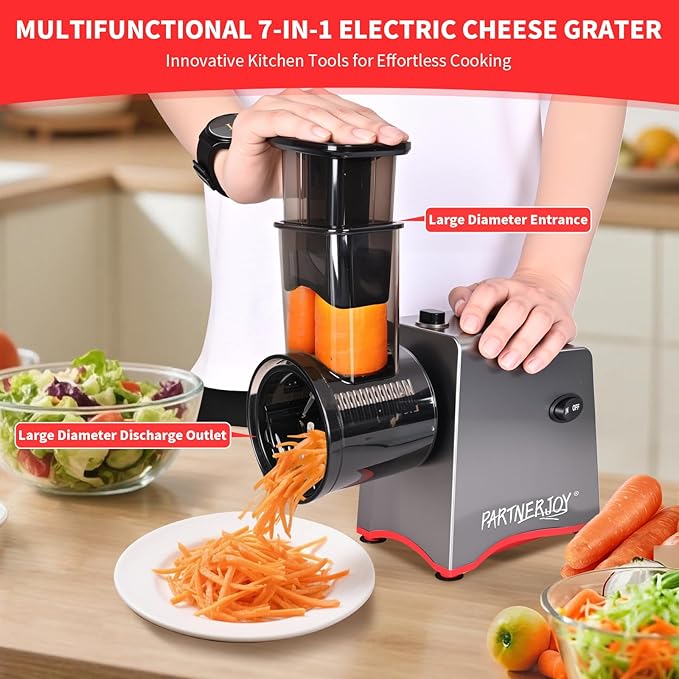 Electric Cheese Grater, 250W Electric Professional Salad Maker & Vegetable Slicer Shredder, 7-in-1 Electric Food Graters Machine with Widened Feeding Port for Block Cheese, Vegetables & Fruits - Image 2