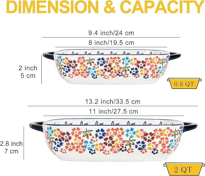 Ceramic Casserole Dishes for Oven, Hand-painted Polish Pottery Baking Dish Set of 2, 0.8QT / 2QT Porcelain Casserole Dish with Handles, Baking Pan Lasagna Pan, Gift for Family/Friend (Yellow) - Image 4
