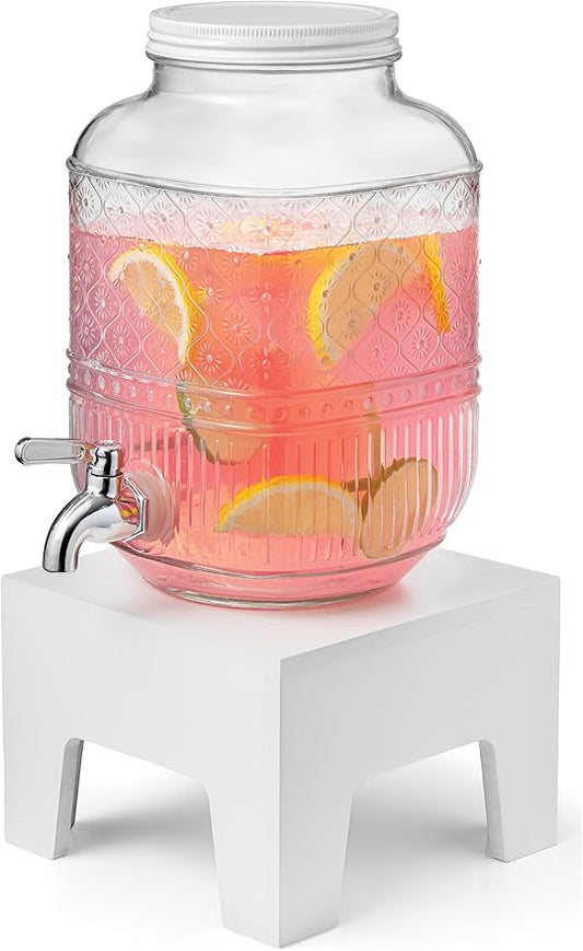 Beverage Dispenser 1 Gallon, Glass Drink Dispenser with Wooden Base Stand, Wide Mouth Jar for Lemonade, Iced Tea, Infused Water, Vintage Kitchen Decor