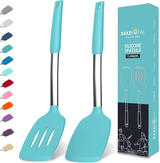 BakeRoyal Silicone Spatula Set - Turner Spatulas Silicone Heat Resistant 600°F - Slotted & Solid Spatula for Cooking Fish, Eggs, Pancakes Flipper – Spatulas for kitchen use – Aqua by BAKEROYAL