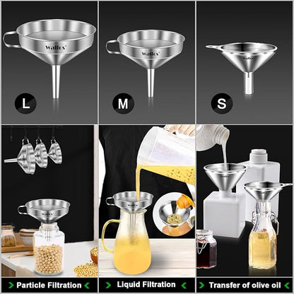 Stainless Steel Funnel, Walfos 3 Different Sizes of Kitchen funnels with 2 Removable Strainer ＆ 1Pcs Cleaning Brush, for Transferring of Liquid, Oils, Jam, Powder - Image 2