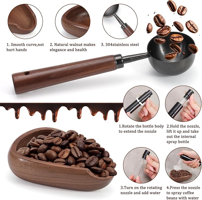 3pcs Coffee Bean Dosing Cup Set with Gift Box, Dosing Walnut Wood Cups Stainless Steel Spoon Portable Spray Bottle Static Reduction Precise Measuring for Espresso Tea Coffee Bar Accessories Kit - Image 4
