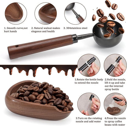 3pcs Coffee Bean Dosing Cup Set with Gift Box, Dosing Walnut Wood Cups Stainless Steel Spoon Portable Spray Bottle Static Reduction Precise Measuring for Espresso Tea Coffee Bar Accessories Kit - Image 4