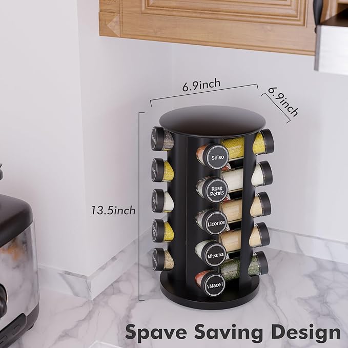 New England Stories Revolving Spice Rack Set with 20 Spice Jars, Kitchen Spice Tower Organizer for Countertop or Cabinet - Carousel Storage Includes 386 Spice Labels (Black) - Image 4