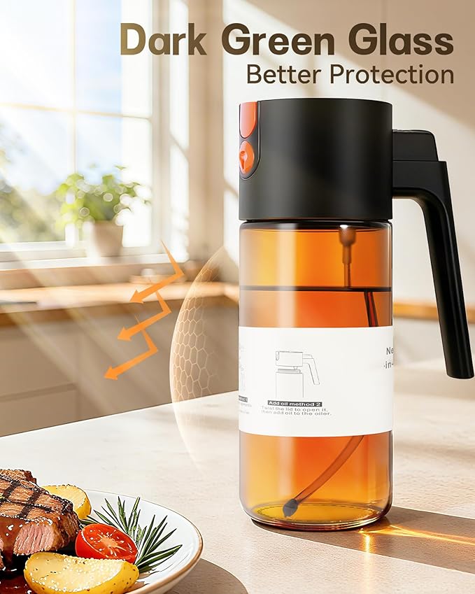 OURCABECUE Upgrade 2 in 1 Oil Sprayer for Cooking, 17oz Light-Blocking Glass Olive Oil Dispenser Bottle for Kitchen (Green+Brown Bottle-Black 2PACK) - Image 6