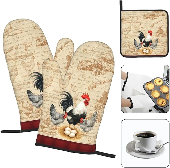 Rooster Chichen Oven Mitts and Pot Holders Sets,Cute Hot Pads Baking Gloves,Vintage Kitchen Mitts for Oven,Chichen Gifts & Baking Gifts for Women