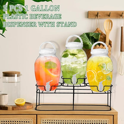 Tanlade 3 Pcs Plastic Drink Dispenser with Spigot and Metal Stand 1.2 Gallon Beverage Dispenser for Parties Juice Dispensers Lemonade Jar with Lids for Cold Drink Tea Water Container