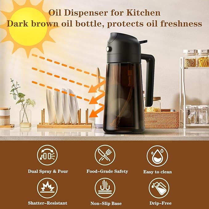 LAKUMIQI 2 in 1 Oil Sprayer for Cooking, 16oz Olive Oil Dispenser Bottle for Kitchen, Food Grade Light-Blocking Leak Proof Glass Spray Bottle for Salad, Air Fryer, BBQ - Image 3