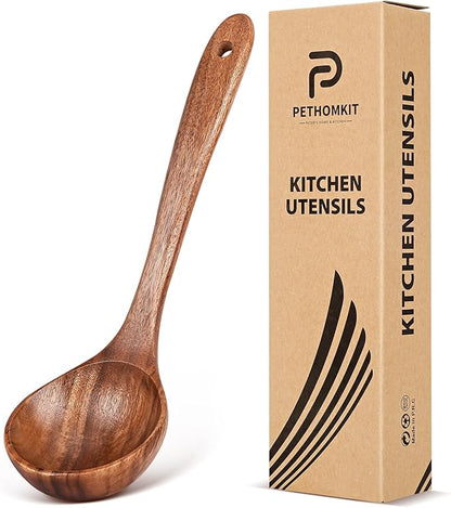 Wooden Soup Spoon for Cooking, Teak Acacia Soup Ladle, Non-Toxic Natural Wood Serving Spoon for Gravy Sauce Porridge, Long Handle Deep Scooper Server Utensil, No-Scratch Cookware Surface,10.6″ by PETERSHOMEANDKITCHEN