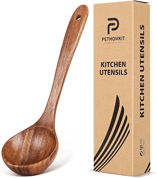 Wooden Soup Spoon for Cooking, Teak Acacia Soup Ladle, Non-Toxic Natural Wood Serving Spoon for Gravy Sauce Porridge, Long Handle Deep Scooper Server Utensil, No-Scratch Cookware Surface,10.6″ by PETERSHOMEANDKITCHEN