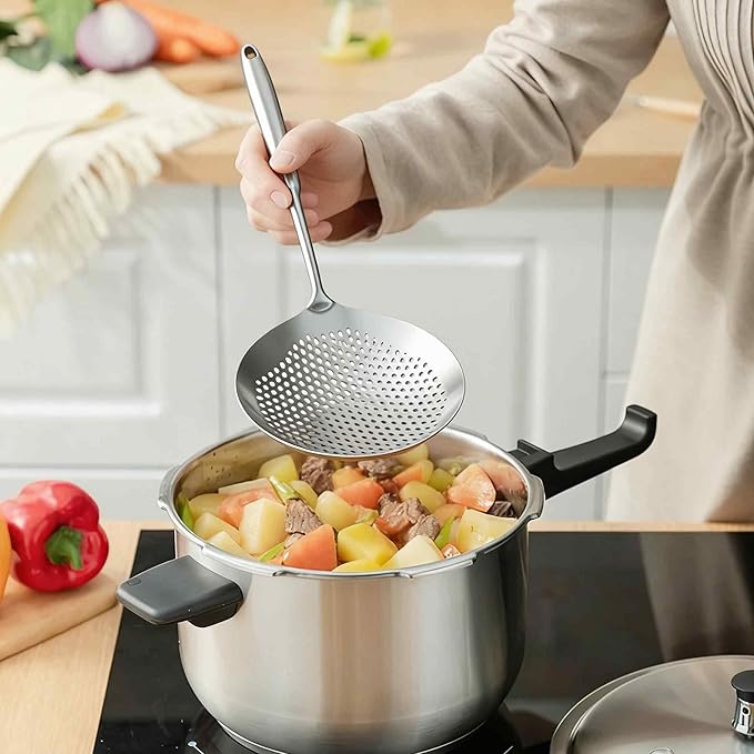 Stainless Steel Skimmer Slotted Spoon, Spider Strainer Ladle with Long Handle for Cooking, Draining Pasta, Deep Frying(Stainless Steel Handle)