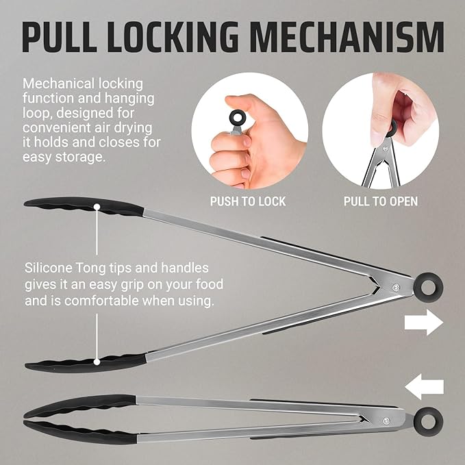 Kaluns Kitchen Tongs for Cooking Grilling Set of 4, BBQ Grill Tongs With Silicone Tip Stainless Steel Heat Resistant, Non-stick Pull Lock, Incl 7, 9, 12 Inch Tong Plus a Silicone Spatula - Image 6