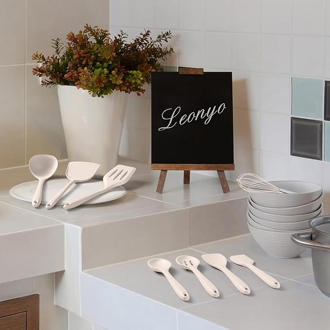 10 Pack Kitchen Utensils Set for Cooking, Leonyo Silicone Cooking Utensils Set, 446°F Heat Resistant Silicone Kitchen Tool with Turner Spatula, Soup Ladle, Serving Spoon for Nonstick Cookware - Khaki