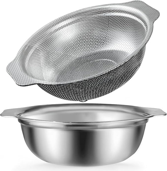 Stainless Steel Colander, 4.5QT Large Capacity with Mixing Bowl, Rice Washing Bowl with Strainer for Washing Vegetables, Fruit, Spaghetti, Pasta Strainer, Dishwasher Safe(2PC) by POPGRADE