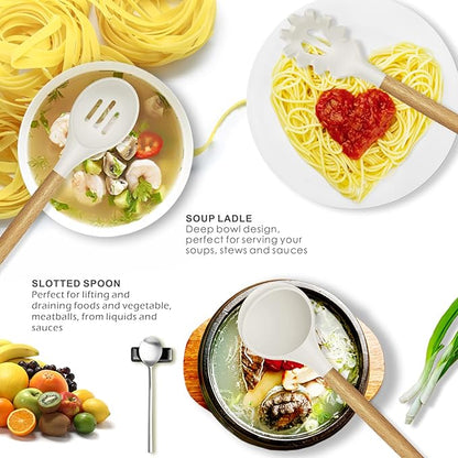 oannao Silicone Cooking Utensils Set - 446°F Heat Resistant Silicone Kitchen Utensils for Cooking,Kitchen Utensil Spatula Set w Wooden Handles and Holder for Non-Stick Cookware (Cream White) - Image 2