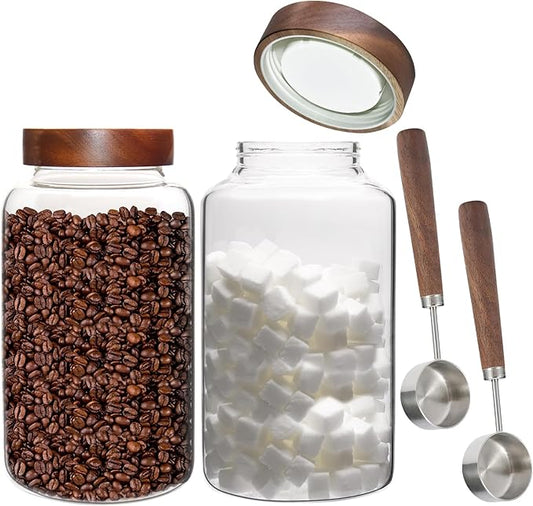 Glass Coffee Jars Spice Jar Round Storage Canister with Wooden Lid Clear Glass Food Jar for Pantry Sugar Tea Coffee Bean Spice Nuts Cookies Bath Salts (2300ml/77oz-2PACK(with spoon) by Patoper