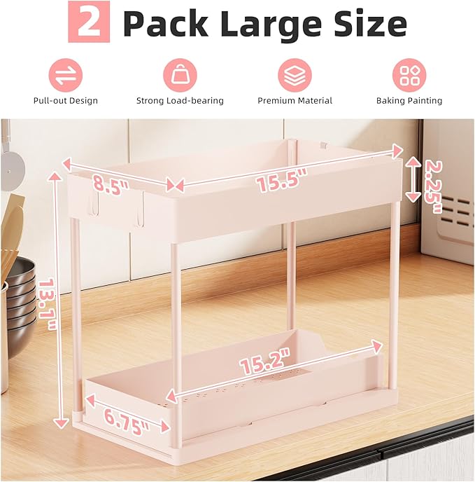 Simple Trending Under Sink Organizer 2 Pack, Sink Pull-Out Sliding Storage Cabinet, 2-Tier Under Shelf Organizer for Kitchen Bathroom, Pink - Image 2