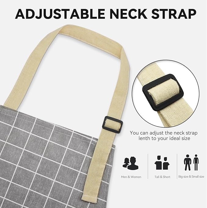2 Pieces Aprons for Women with Pockets, Cotton Linen Waterproof Kitchen Cooking Aprons, Chef Apronfor Men Women with Adjustable Neck Strap and Long Ties(Pink/Grey)