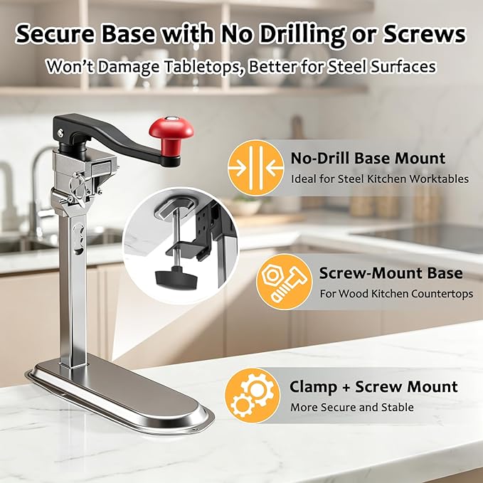 Commercial Manual Can Opener Heavy Duty for #10 Cans, Industrial Can Opener with Tabletop Clamp Mount, Stainless Steel Blade and Base, Dual Mounting Options for Restaurants & Home Kitchens