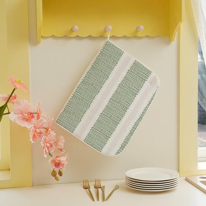 Boho Sage Green Dish Drying Mat 18 x 24 inch Modern Geometry Polka Dot Striped Decorative Drying Mats Microfiber Absorbent Dish Washable Draining Mat for Kitchen Counter Decor