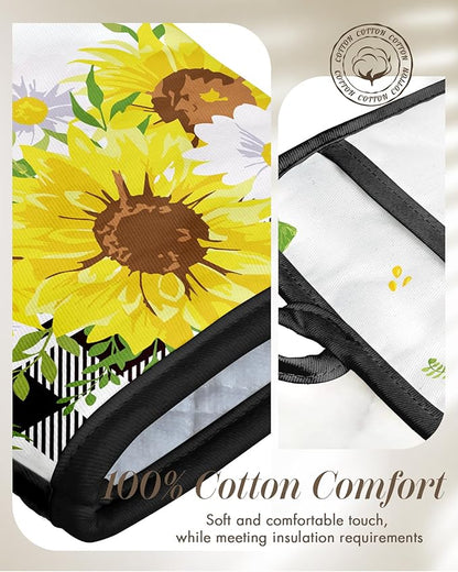 Miss Adola Cotton Oven Mitts and Pot Holders Sets - Quilted Lining Heat Resistant 4 Pieces Set with Hanging Loop Cute Farmhouse Boho Spring Kitchen Decor and Accessories, Plaid Sunflower - Image 3