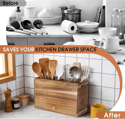 Acacia Wood Kitchen Utensil Holder for Countertop, Large Wooden Utensils Holder with 4 Compartment, Farmhouse Utensil Caddy with Drawer for Storage Cooking and Silverware