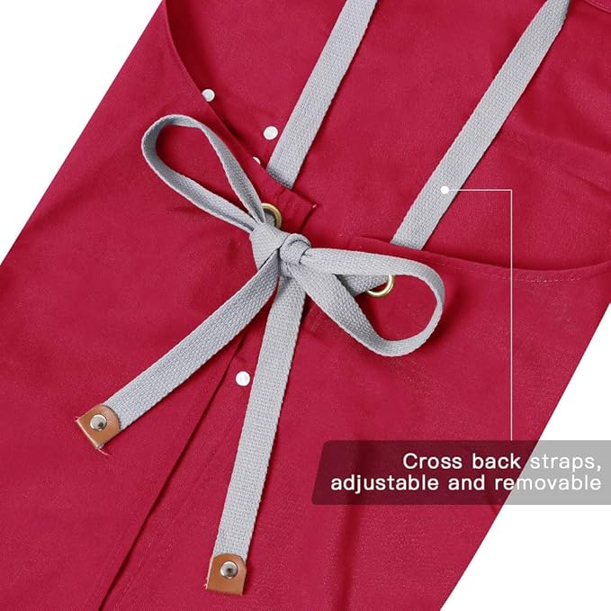 Mignongirl Chef Apron,Cross Back Apron for Men Women with Adjustable Straps and Large Pockets,Canvas,M-XXL (Red) - Image 5