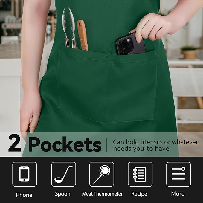 NLUS 2 Pack Kitchen Aprons with 2 Pockets for Women Men, Chef Aprons for Baking BBQ Cooking, Green - Image 7