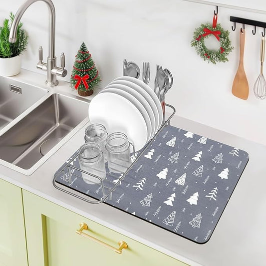 Bloss Coffee Mat, Christmas 12"x19" Bar Mat with Waterproof Rubber Backing, Fit Under Coffee Maker Machine/Kitchen Counter/Dish Drying Mat-Grey and Pine by Bloss