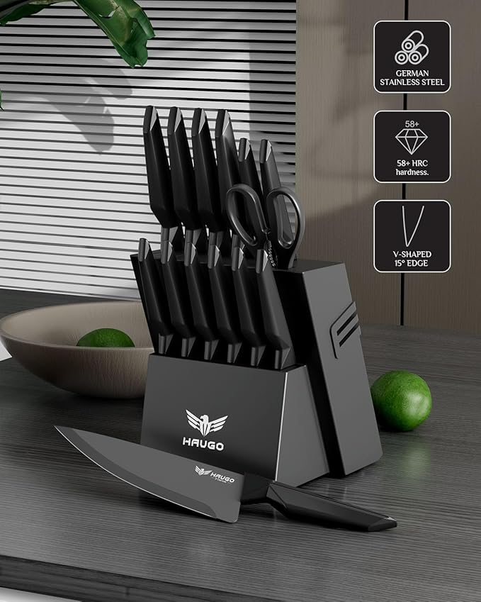 Kitchen Knife Set with Block: 15-Piece High Carbon Stainless Steel Professional Knives - Comfortable Grip Reduces Hand Fatigue 30% - Dishwasher Safe and Sharpener - Black Knife Set for Cooking