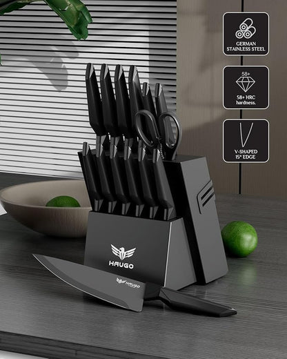 Kitchen Knife Set with Block: 15-Piece High Carbon Stainless Steel Professional Knives - Comfortable Grip Reduces Hand Fatigue 30% - Dishwasher Safe and Sharpener - Black Knife Set for Cooking