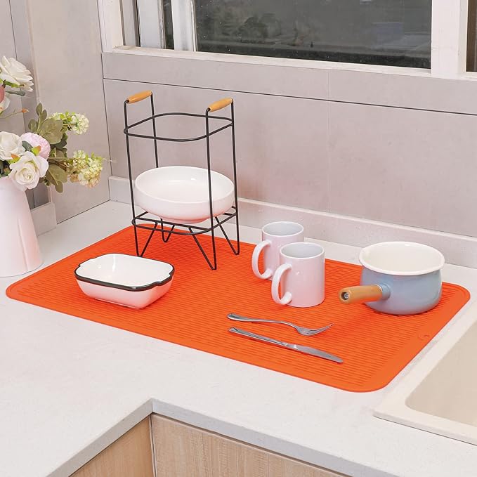 MicoYang Silicone Dish Drying Mat for Multiple Usage,Easy clean,Eco-friendly,Heat-resistant Silicone Mat for Kitchen Counter or Sink,Refrigerator or Drawer Liner Orange 4XL 32 inches x 18 inches - Image 7