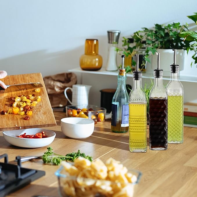 MDLUU Oil and Vinegar Dispenser Set, 17oz Clear Glass Olive Oil Bottles, Kitchen Vinegar Decanters with 3 Spouts, 3 Plugs, 1 Funnel, Pack of 3 - Image 7